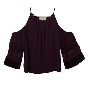 🛍️ LOFT Women Plum Velvet Trim Cold Shoudler Bell Sleeve Top Size XS